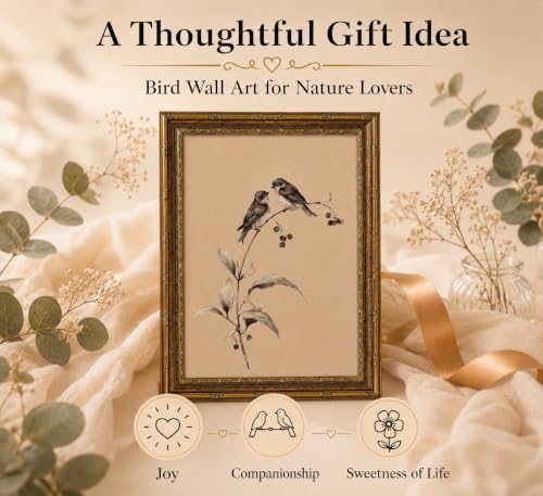 Image of Gold Framed 3D Textured Wall Art, Vintage Sketch Birds on Branch Canvas Prints, Minimalist Love Bird Pictures Decor, Neutral Botanical Birds Gallery Artwork for Living Room Bedroom Bathroom 9x11inch