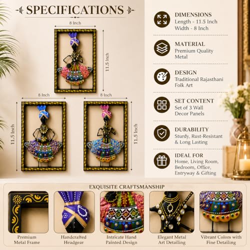 Image of iHandikart Tribal Musician Metal Wall Art Set of 3 | Rajasthani Folk Musician Wall Sculpture | Decorative Iron Wall Hanging for Living Room, Bedroom, Hallway & Office | 11.5 x 8 Inch Each