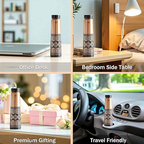 Image of INDIAN ART VILLA Pure Copper Antique Dark Embossed Design Bottle, 800 ML Capacity, Ayurvedic Health Benefits, Stylish Traditional Drinkware for Home, Office, Gym, Travel & Gifting