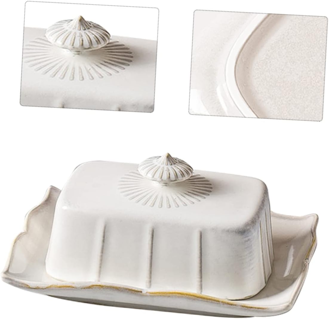 Ceramic Butter Service Dish with Cover Rectangular Porcelain Cheese Plate for Home and Restaurant Elegant Food Tray for Butter Cake Fruits and Bread Storage Decorative and
