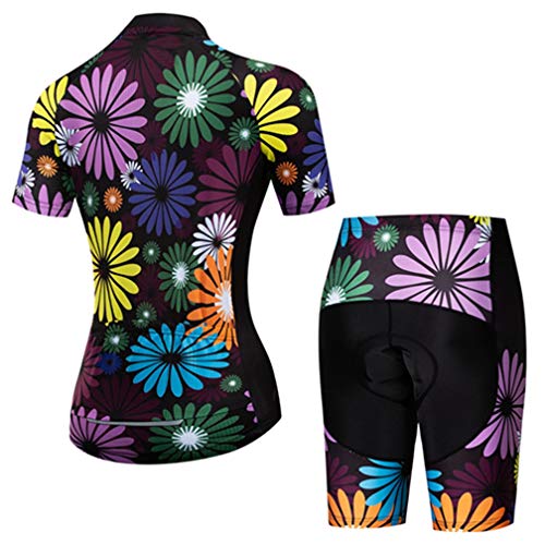 WeimoMonkey Women's Short Sleeve Cycling Jersey Quick Dry MTB Clothing Bike Top + 3D Shorts Set Flower Purple XXL
