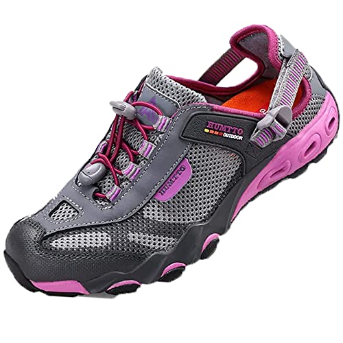 HUMTTO Womens Outdoor Sandals - Womens Hiking Sandal Closed Toe Athletic Sandal Adjustable Aqua Shoes for Beach Vacation Camping Summer Sandals 6 Gray-Pink Purple 2605
