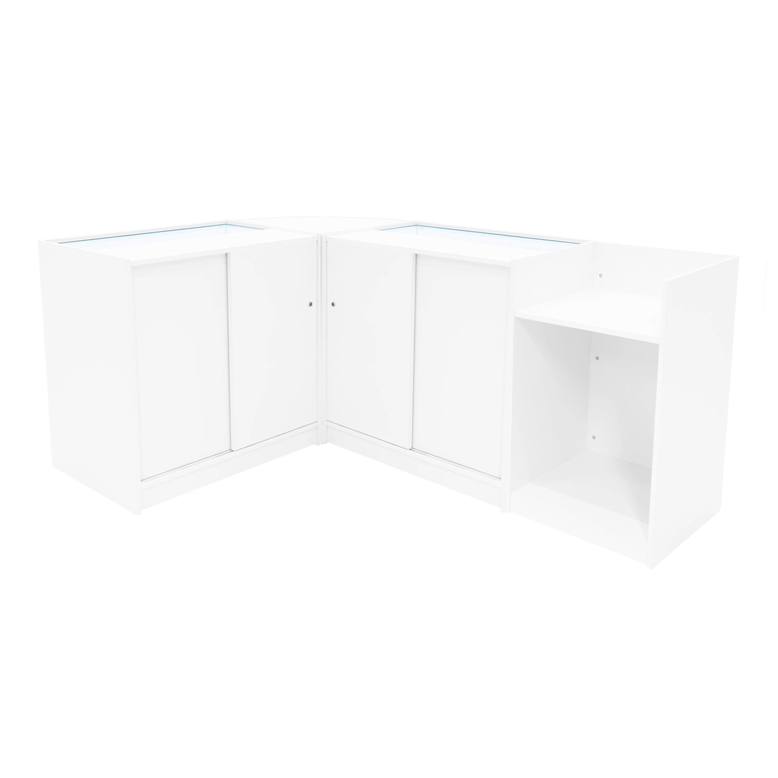Set Banconi Bianco LED Sagittarius B900 LM60 TB60 Vetrine con Serratura Ante Scorrevoli Chiavi Ripiani Negozio Abbigliamento Gioielli Cassa Angolo Espositore Vetro Illuminazione
