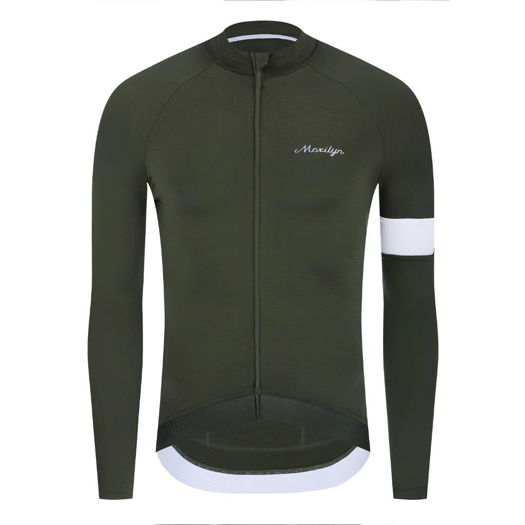 Moxilyn Jersey de ciclismo de invierno para hombre, manga larga, forro polar térmico, clima frío, chaquetas de ciclismo cálidas, bolsillos con cremallera, verde militar, 3XL