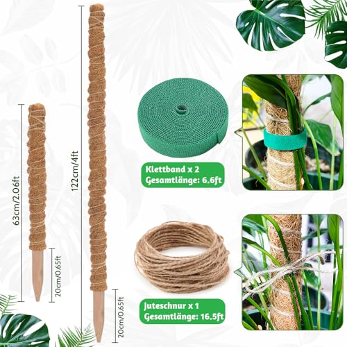 2 Stück Monstera Rankhilfe 122 cm & 63 cm Biegsame Pflanzenstütze aus Kokosfaser – Moosstab Pflanzstab Support für Monstera, Efeu & Zimmerpflanzen mit Zubehör