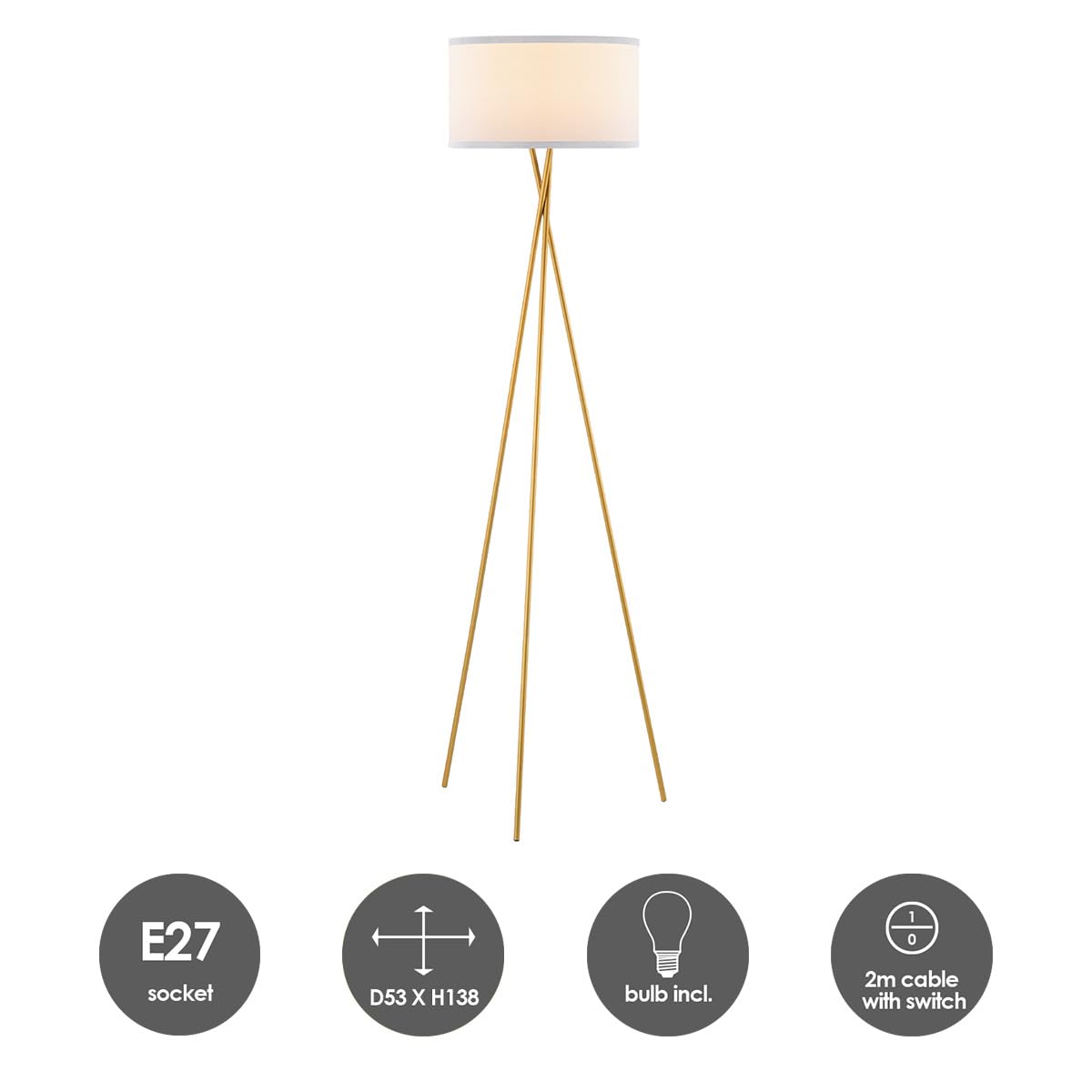 HSH lámpara de pie dorada para salón Tripod - 138 cm lámpara de pie de metal con pantalla de tela blanca - bombilla LED E27 4W (2700K) - lámpara de pie moderna de trípode para dormitorio y oficina