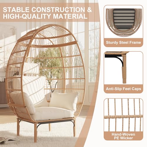 Wicker Egg Chair Outdoor, Oversized Egg-Shaped Chair w/Metal Frame Stand, 500 Lbs Capacity Oversized Attan Egg Lounge Chairs for Patio, Backyard, Living Room - Image 4