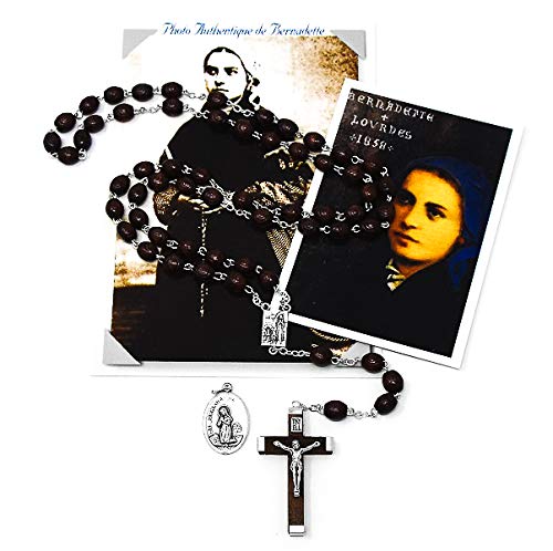 Image of Lourdes Wooden Rosary Beads Gift Set Dedicated to Saint Bernadette Soubirous with Photo 1864, Medal and Prayer Card