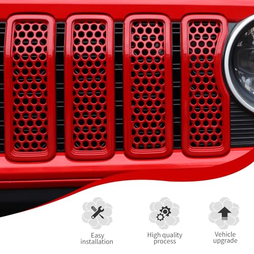 Image of JeCar Front Grille Inserts Mesh Grill Frame Trim Covers Exterior Accessories Compatible with Jeep Wrangler 2024 JL JLU & Gladiator JT 2024, Red