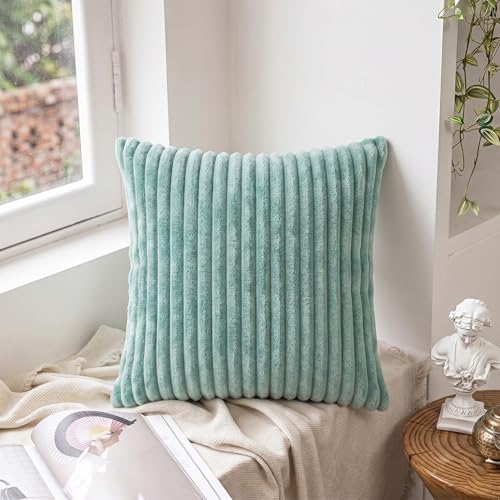 Image of Yellow Weaves Pencil-Stripe Fur Cushion Covers | Soft Polyester | Decorative Sofa & Throw Pillow Covers | 16x16 Inches, Pack of 3 (Sea Green)