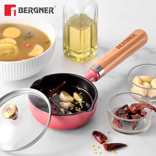 Image of BERGNER Excalibur Lightweight Cast Iron Tadka Pan with Lid 12cm, Non-Stick Vaghar Pan, PFAS Free, Perfect Heat Distribution, Elegant Design, Silicone Grips - Induction and Gas Stove Ready (Pink)