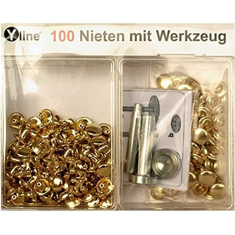Yline 100 Stück Nieten 9 mm goldfarben mit Werkzeug (Hohlnieten) in SB Box, 3113 Cover