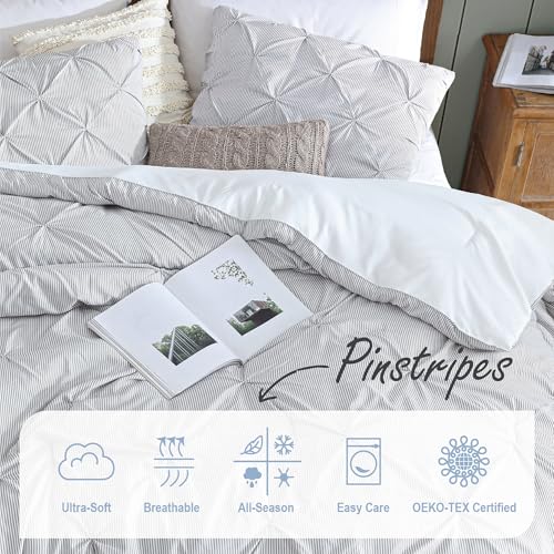 Image of Swift Home Full /Queen Pinstripe Charcoal Grey Comforter Set - Classic Pintuck Bedding Set - 3 Pieces Bed Linen, 1 Comforter and 2 Pillow Shams