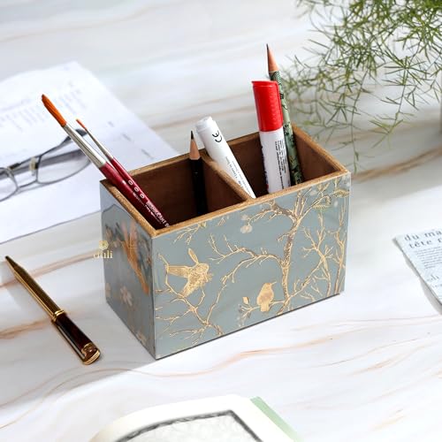 Image of DULI Multipurpose Stand, Cutlery Holder, Spoon Stand, Table Organizer with 2 Sections, Chammach Stand (10cm x 15cm) (MCDPSDbl- SilverGoldBirds NON-WP)