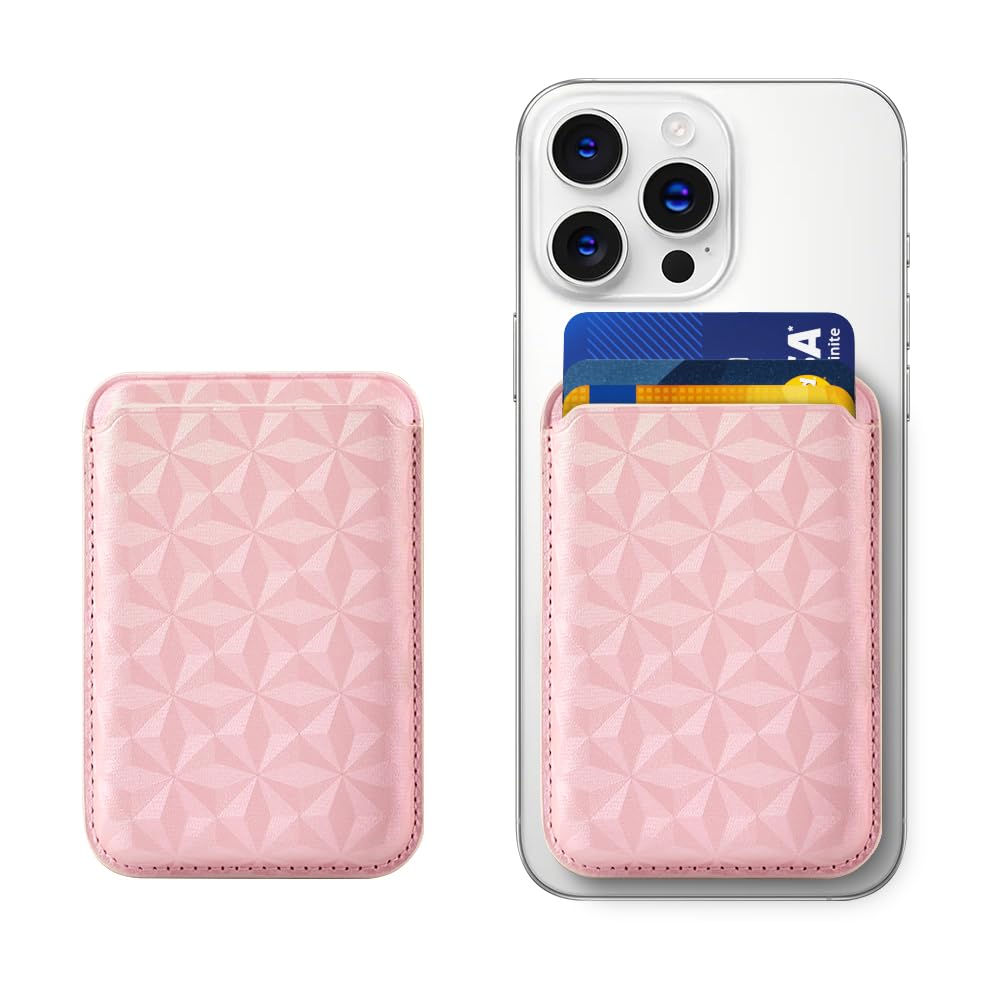 KPNEOL Magnetic Wallet for iPhone, Leather Magnetic Phone Wallet Mag Wallet, Magnetic Wallet 3 Card Holder For iPhone 16/15/14/13/12 Series, Gem Pink