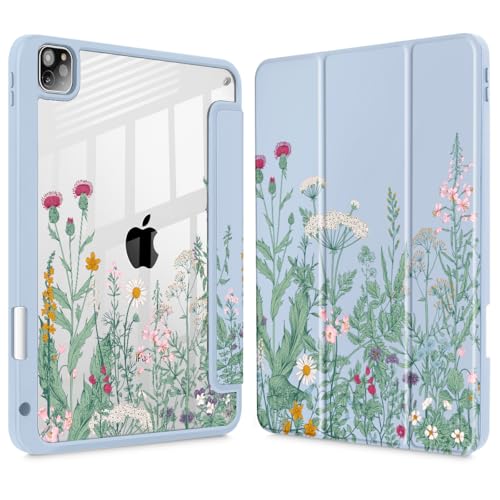 May Chen for iPad Pro 11 inch M2 4th Generation 2022, iPad Pro 11 3rd/2nd/1st Gen, Case with Transparent Shockproof Back Cover [Built-in Pencil Holder, Auto Sleep/Wake, Herbs Flowers