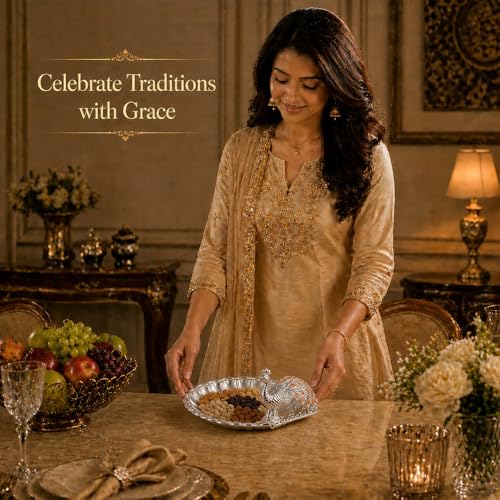 Image of Diviniti German Silver Peacock Decorative Tray for Home Decor | Luxury Dry Fruit & Sweet Serving Platter with Orange Enamel Peacock Design | Premium Decorative Gift Hamper Plate with Elegant Gift Box