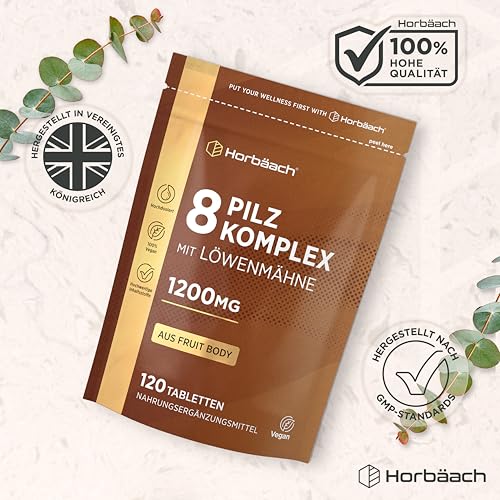 Pilz Komplex 1200mg mit 8 Pilzsorten - Lions Mane, Cordyceps, Chaga, Shiitake, Reishi, Maitake, Shaggy Mane & Oyster | 120 Pulver Tabletten | Vegane | von Horbaach