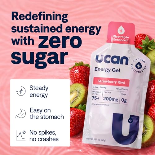 Image of UCAN Edge Energy Gel Shots, Strawberry Kiwi + Electrolytes (12, 2 Ounce Packets) for Running, Training, Workouts, Fitness, Cycling, Crossfit | Sugar-Free, Vegan, & Keto Friendly Energy
