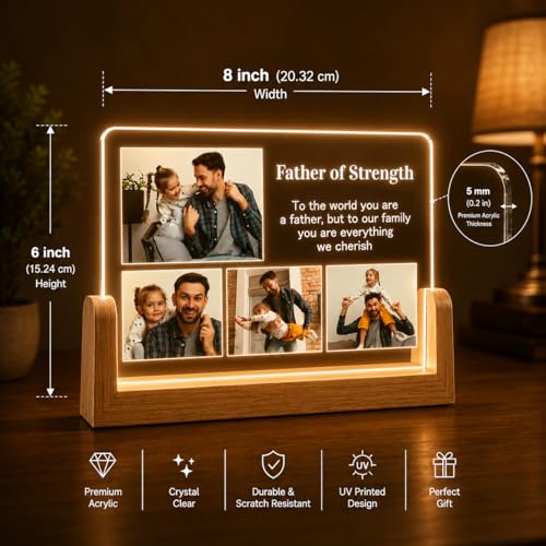 Image of Giftplease Personalized LED Photo Frame for Father with Wooden Base | Custom Photo Night Light for Dad | Engraved Acrylic Desk Decor | Birthday, Father's Day, Papa | Warm Glow