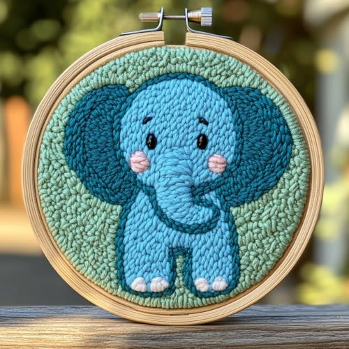 Image of DIY Punch Needle Kits Cartoon Elephant with Hoop 20x20cm-2 | with Pattern Stamped Easy for Beginners Embroidery Punch Needle Starter Craft Set for Adults Festival Gift and Decoration