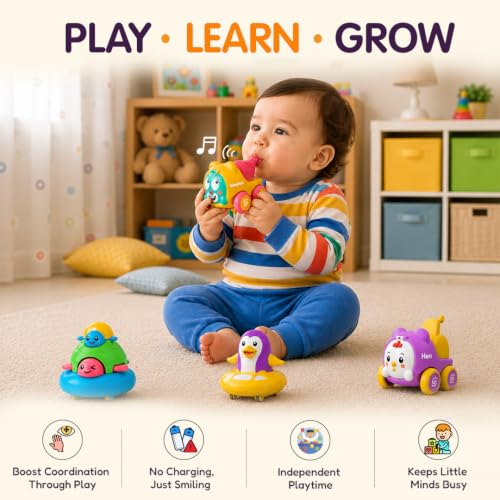 Image of Friction Powered Toy Vehicles Pack of 4 for Kids with Topsy Turtle, Penguin, Carnival Car with Whistle & Farm Truck Designs,Best Gift for Kids, 3+ Years
