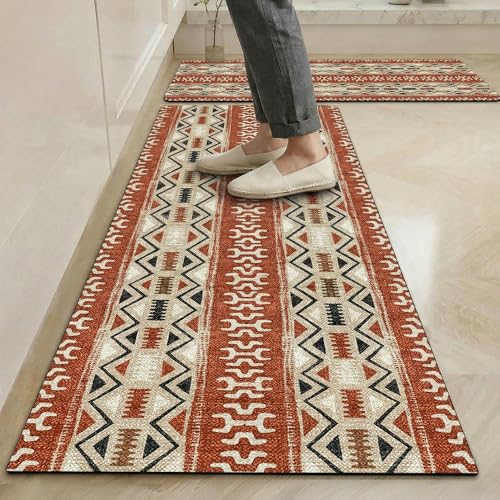 Image of Yellow Weaves- Non-Slip Kitchen Floor Mats, Water Absorbent, Rugs,Standing Rubber Mats for Kitchen, Office, Sink and Laundry Room, Geometric Burnt Orange (Pack of 2)