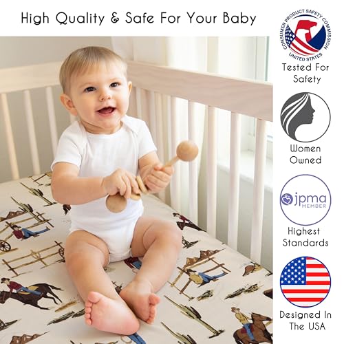 Image of Sweet Jojo Designs Fitted Baby Crib Sheets (Western Cowboy) for Boys, Infant Nursery, Toddler Room - Standard Size (Vintage Americana, Wild West, Southern, Country, Beige, Tan, Farm, Horse Ranch)