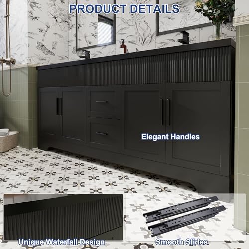 Image of eclife 72 inch Bathroom Vanities Sink Combo with Painted Surface, Modern Drawered Cabinet W /Decorative Wave Lines, Undermount Double Black Sink, Matte Black Faucet Drain, Black