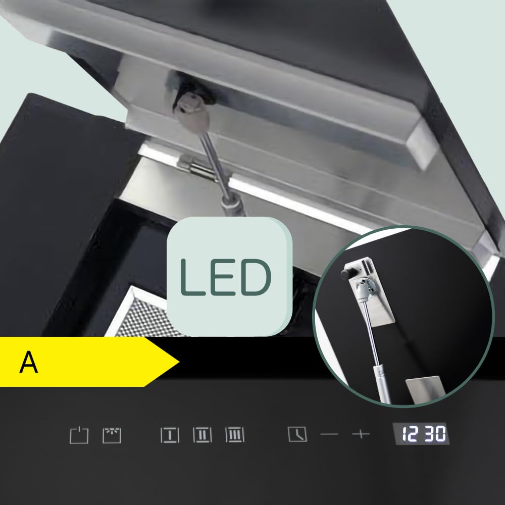 Kaiser AT 6438 ECO kopffrei Dunstabzugshaube 60 cm Exklusive Schwarz Glas Edelstahl Wandhaube 910m³/h | TouchControl Steuerung mit LED Display | Randabsaugung | Timer | Abzugshaube Abluft/Umluft