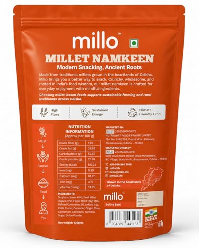 Image of Millo Millet Namkeen Classic Masala 100g | Healthy Millet Snack | High Fiber Crunchy Mix | No Maida, No Preservatives | Multigrain Namkeen | Guilt-Free Indian Snack (Pack of 1)