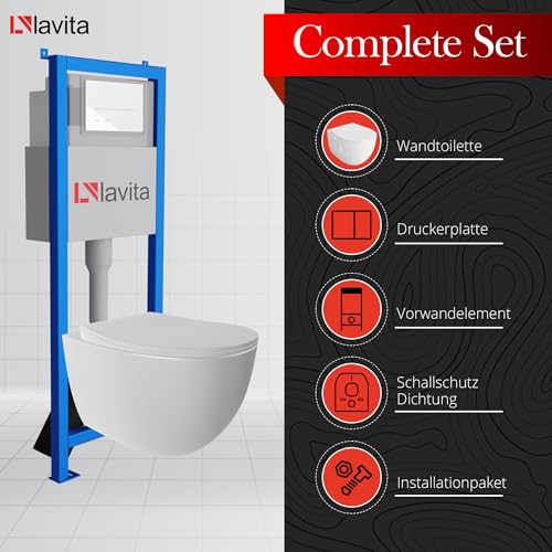 Lavita LAV 101 Vorwandelement für WC 40cm + Wand Hänge Tiefspül WC MONDO Weiß Spülrandlos + Bedienplatte LAV 200.3.1 Weiß | Komplettset | Unterputz Spülkasten | Toilette Komplett Sett – Bild 4