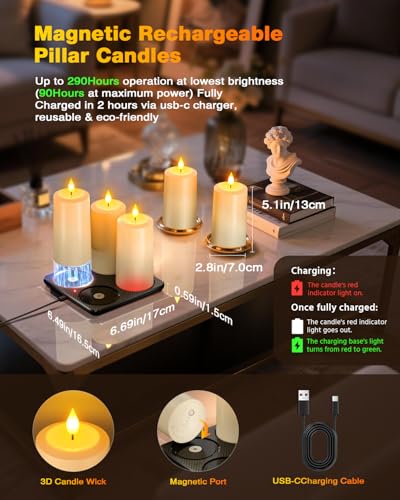 Image of Yme Waterproof Rechargeable Pillar Candles Flickering with Remote Timers | Magnetic Charging Base, Flameless LED Battery Operated Candles, for Outdoor Indoor Lantern Home Patio Yard Decor, 4 Pack
