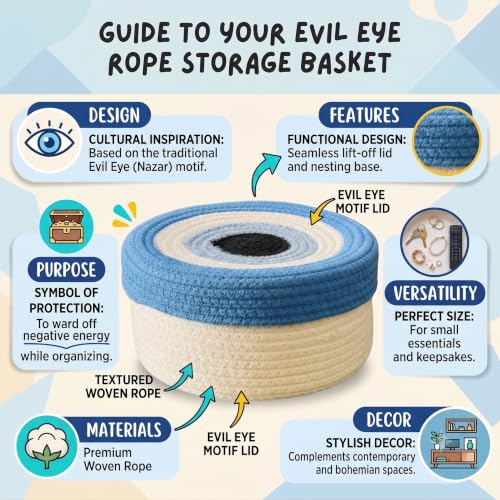 Image of Round Cotton Rope Evil Eye Storage Basket with Lid, Decorative Woven Storage Bin, Pot, Caddy, Organizer, Container for Snacks, Plants, 8x8x5 Inches Multicolor