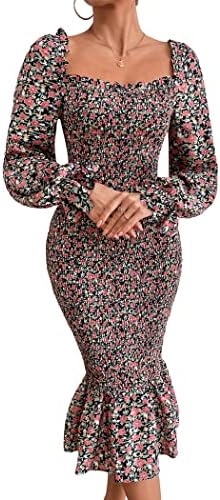 PRETTYGARDEN Women's Long Puff Sleeve Floral Midi Bodycon Dresses...