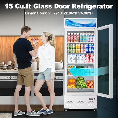 Image of 26.8'' W Commercial Beverage Refrigerator, 15 Cu.ft Upright Display Merchandiser Cooler Fridge with LED Light, Adjustable Shelves & Lockable Door for Restaurant Grocery Stores Home, White