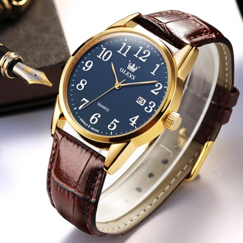 Image of OLEVS Men Leather Watches Classic Quartz Large Dial Easy Read Waterproof
