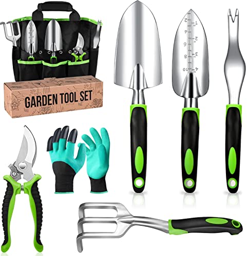Craft911 Heavy Duty Garden Tool Set - Gardening Tools Set with Bag & Non-Slip Rubber Grip - Garden Hand Tools Kit | Planting Tools Rust-Proof Gardening Kit Gifts for Women & Men, Green
