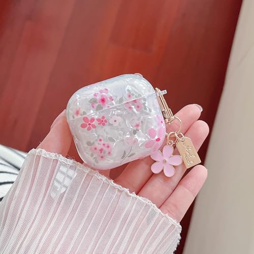 Image of MINSCOSE for Cute Glitter AirPods 4 Clear Case,Shell Pattern Flower Aesthetics Design with Girly Floral Keychain,Soft TPU Protective Cover with Cleaner Kit for AirPods 4-Pink