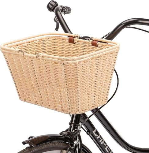 CXWXC Panier de vélo – Panier Avant Durable – Panier de vélo en Osier tressé Fait Main avec Sangles réglables en Cuir végane (Beige)