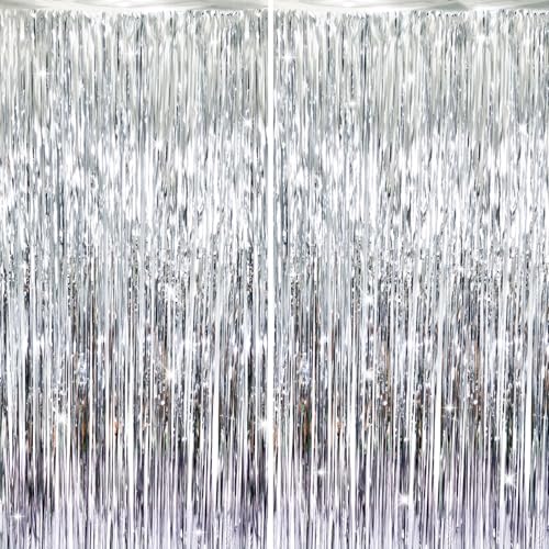 GOER 3.2 ft x 8.2 ft Metallic Tinsel Foil Fringe Curtains Party Streamer Backdrop for Birthday Graduation Decorations and New Year Eve (Silver 2 Packs)