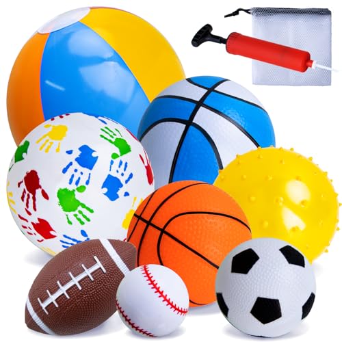 teytoy - Set of 8 Sports Balls for Toddlers 1-3 Yrs,Toddler Outdoor Toys,Soft Indoor Outdoor Ball Toys Boys Girls Kids Baby Ball-Basketball Baseball Football Rugby Bounce Ball Beach Ball with Free Bump/Bag