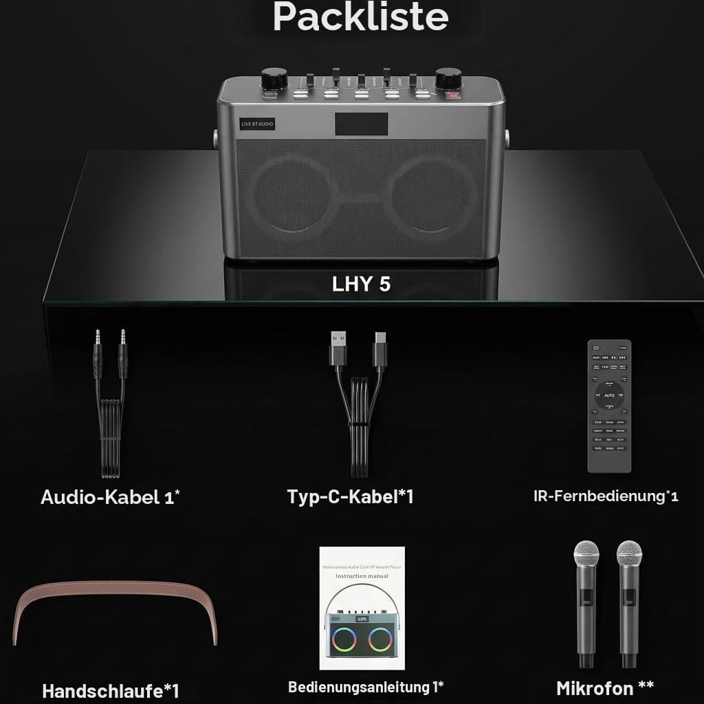 MT-VIKI Audio Mixer Bluetooth Karaoke Maschine Lautsprecher mit 2 drahtlosen Mikrofonen + Handschlaufe, LED-Lichter, TF-Karte, AUX-in für Home Party, Picknick, Auto, Outdoor/Indoor