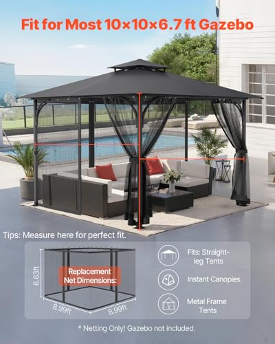 Miniatura 2 de VEVOR Red de Poliéster para Cenadores, Cortina de Malla para Cenadores con Paredes Laterales de 4 Paneles, Red Antimosquitos con Doble Cremallera, 304,8 x 304,8 x 204,2 cm Negro