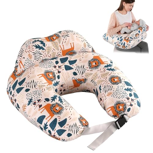 XUXLEKK Cojin Lactancia, Almohada de Amamentação, Cojín de Lactancia Multifuncional con Correa de Cintura Ajustable y Valla de Seguridad, Funda de Almohada Extraíble de Algodón 100% (Patrón de León)