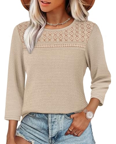 Early Fall Fashion Must Haves School Outfits for Teachers Boho Tops for Womens Blouses Dressy Casual 3/4 Length Sleeve Lace Crochet Plus Size Sweaters Women's Clothing Apricot L