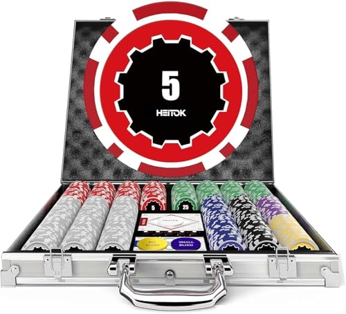HEITOK Mallette de Poker Professionnelle 500 Jetons Numérotés 11,5g – Set Complet Texas Hold'em avec Valise Aluminium, Cartes, Dés et Boutons pour...