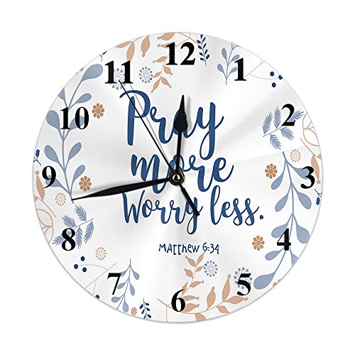 Moslion Pray More Worry Less Wall Clock Floral Wreath Bible Quote Christian Verse Faith Style Round Wall Clock Home Decor Wall Clock for Living Room Bedroom Kitchen Office