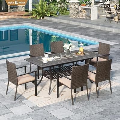 Sophia & William 7 Pieces Expandable Outdoor Dining Set for 6 People, Extendable Rectangular Cast Aluminum Patio Table and 8 Rattan Chairs Set, All Weather Patio Dining Set with 2.1?Umbrella Hole