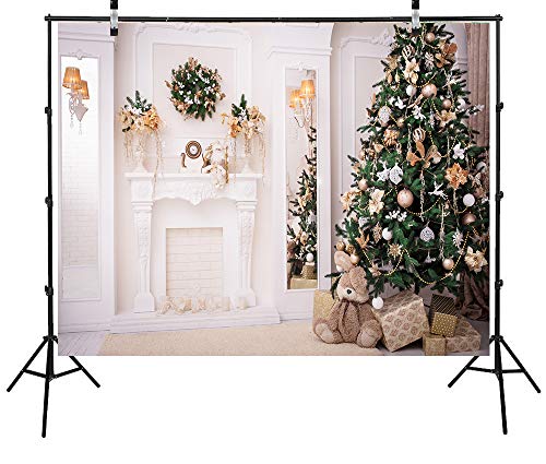 7x5ft Green Christmas Tree Photo Backgrounds Wrinkle Free White Fireplace Cute Rabbit Gift Photography Backdrops for Child